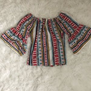 70’s bell sleeve off-shoulder printed top
